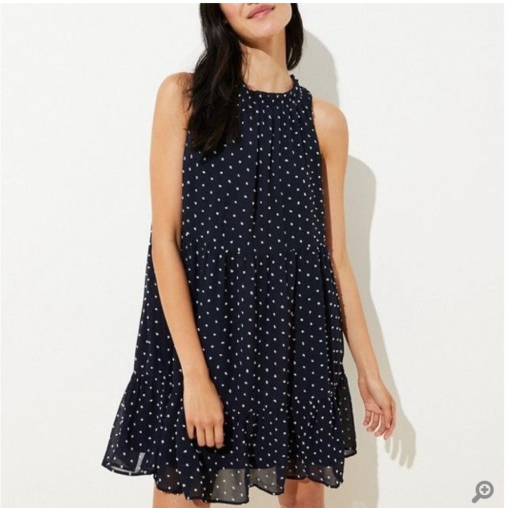 LOFT navy Swiss dot tiered mini dress sz M